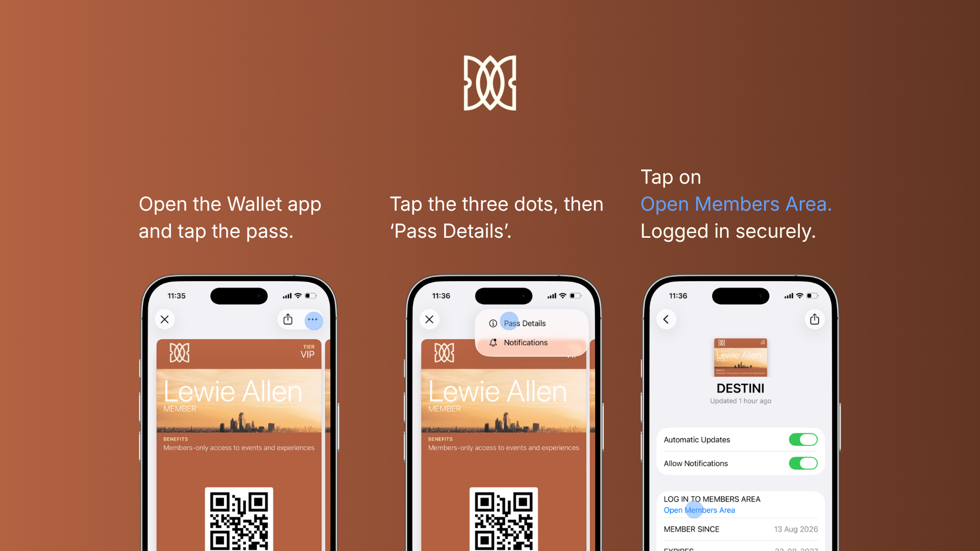 Destini membership pass guide showing access from Apple Wallet to the members area